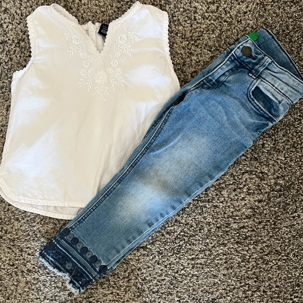 White Embroidered Gap Top and Blue Jeans Set